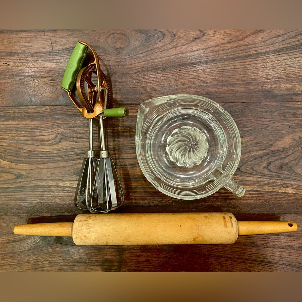 Farm House Cottage Decor - Ecko Egg Beater -Glass juicer- Walnut Rolling Pin